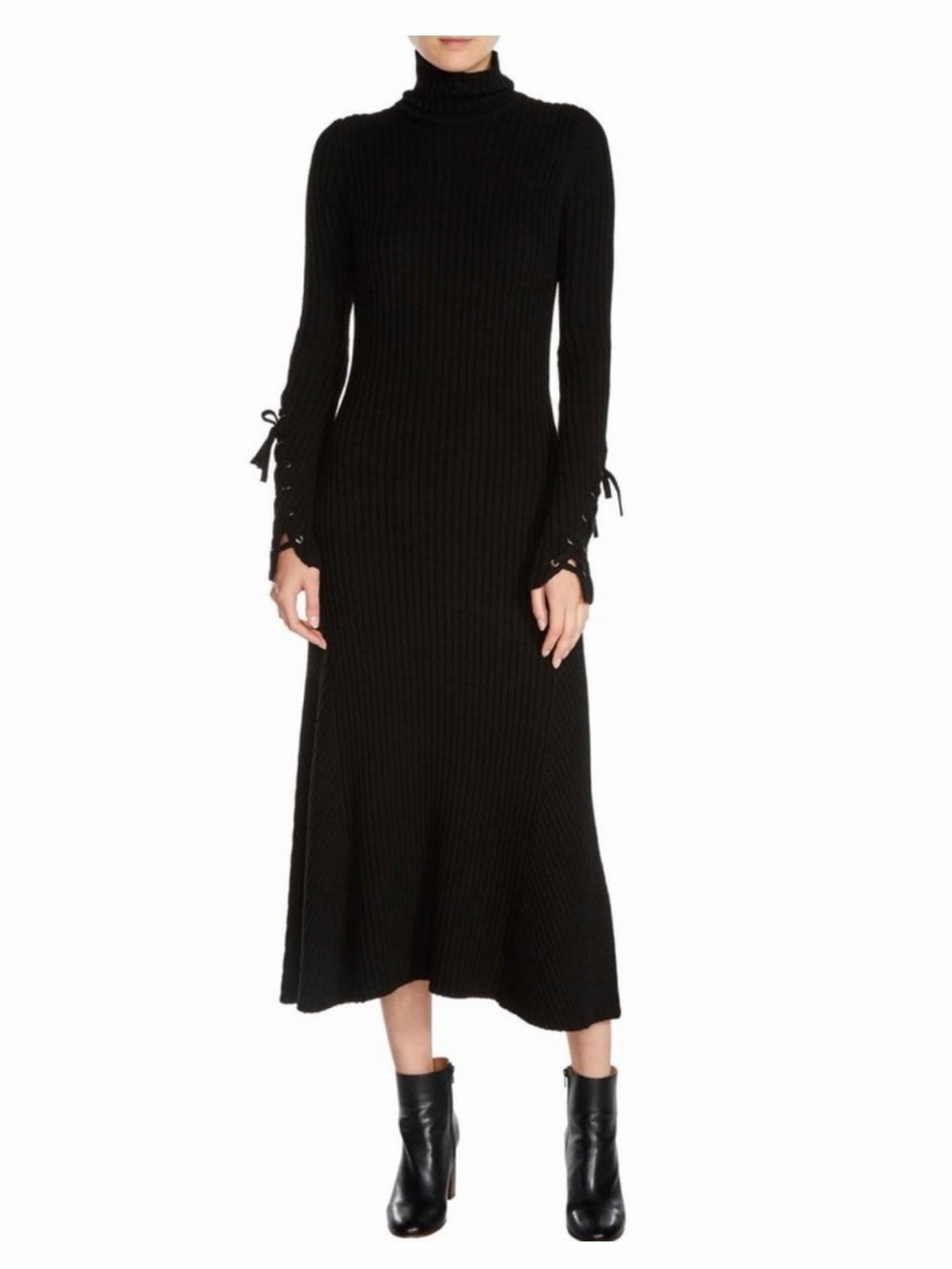 Maje Black Ribbed Turtleneck Midi Dress with Lace-Up Sleeve Rafaela